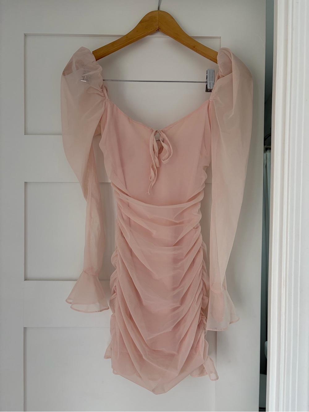Oh Polly Blush Sheer Ruched Mini Dress with Puff Long Sleeves